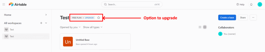 Airtable give users a subtle reminder that they are on a free trial plan & that they can pay to upgrade to a paid plan when they are ready.