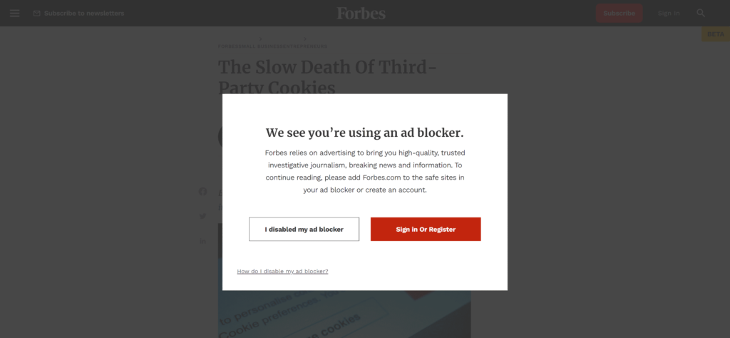 Forbes requires users to disable their adblockers before giving access to their website.