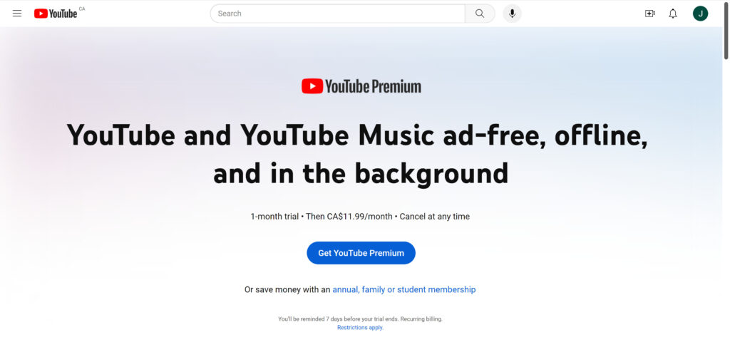 Example of Youtube's paywall YouTube Premium.