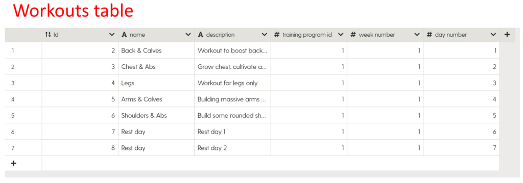 Example data in a workouts table.