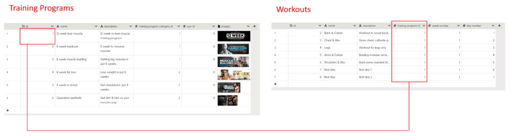 Example of workouts that are grouped together inside of training programs based on the training_program_id.