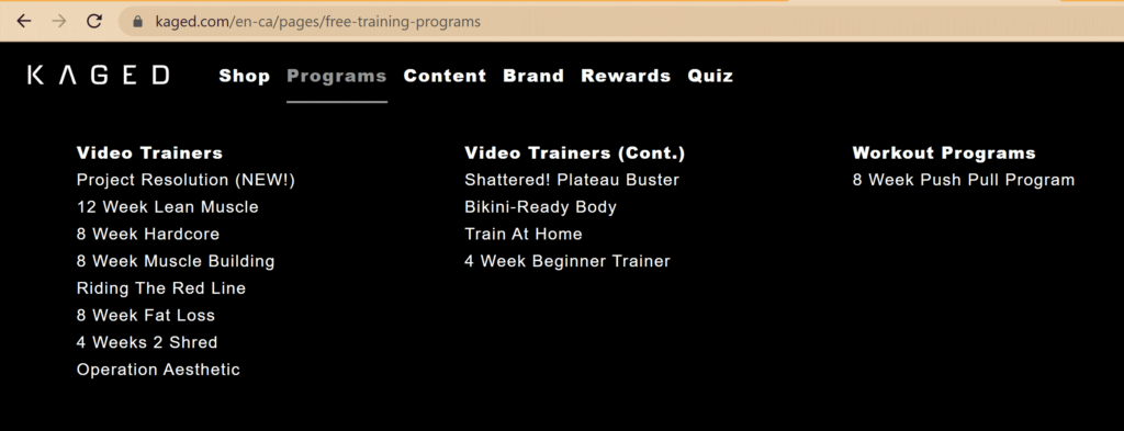 Example of how training programs are categorized into video trainers & workout programs on the website Kaged. Source: www.kaged.com/