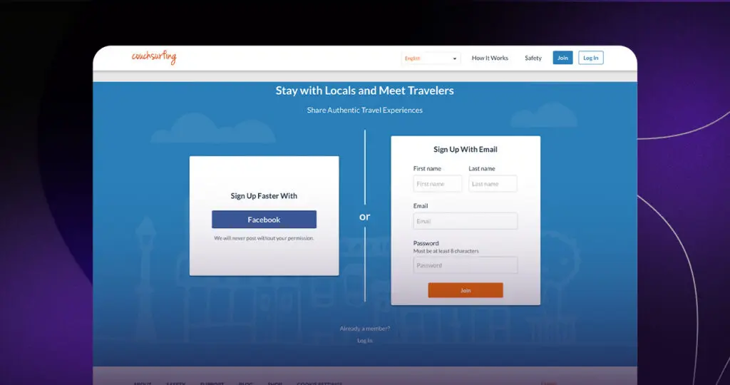CouchSurfing two sided marketplace homepage