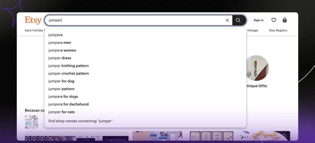 Example of a keyword search in Etsy's marketplace.