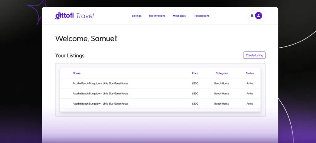 Example of a manage listings page inside of Dittofi's rental marketplace template.