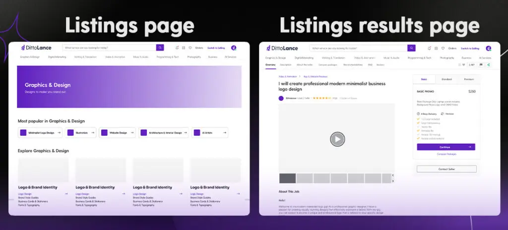 Example of listing and listing details page for Dittofi's freelancer marketplace template.