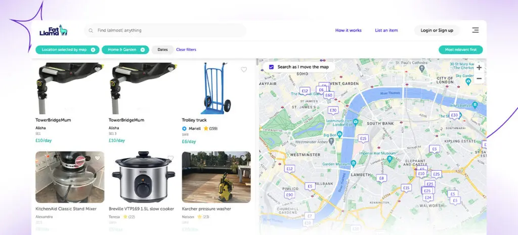 Screenshot of the rental marketplace Fat Llama. The rental marketplace for (almost) everything.