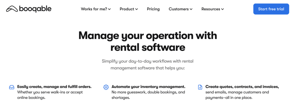 The best rental marketplace software? Booqable homepage.