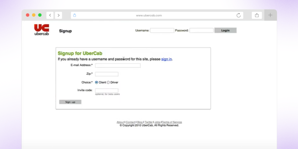 Uber's MVP - UberCab.com login and sign up screens