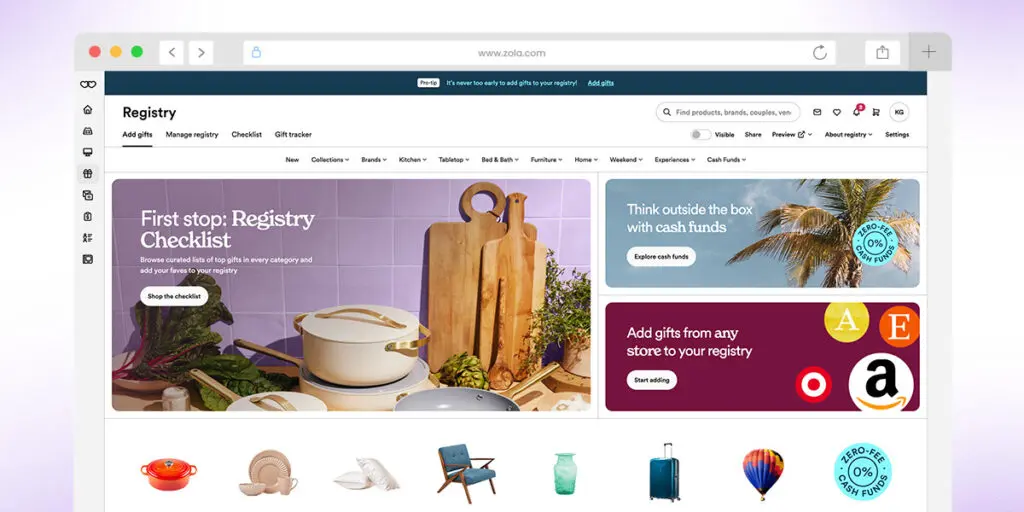 Zola uses the B2C marketplace model for their wedding registry.