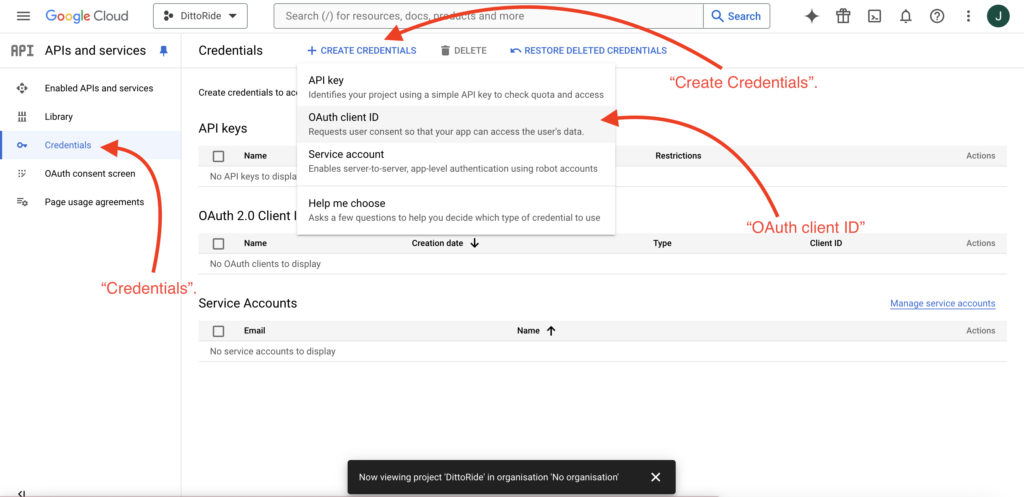 Go to the "Credentials" tab, click "Create credentials" and then select "OAuth Client ID".