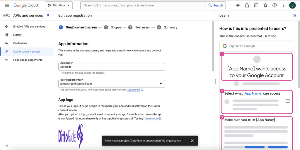 Configuring the OAuth and consent screens - Part 1.