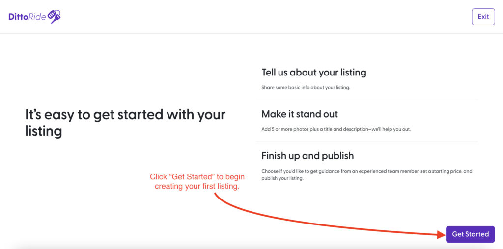 Click "Get Started" to begin creating your first listing.