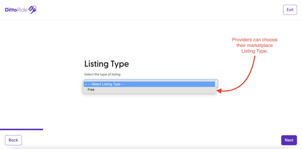 Providers can choose a Listing Type for their listing.