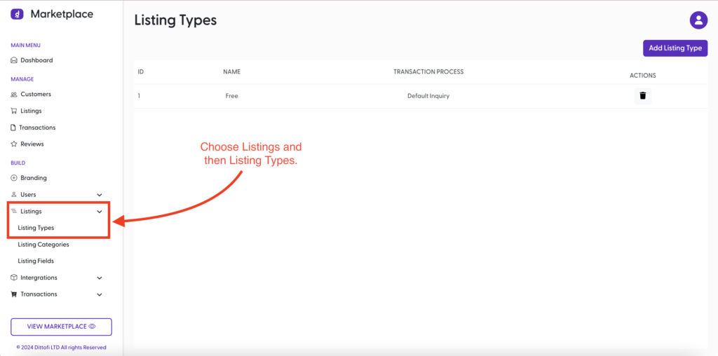 From inside your Marketplace Dashboard choose "Listings" and then "Listing Types".