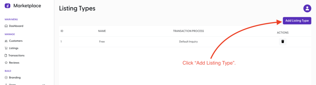 Click "Add Listing Type" to create a new listing type.