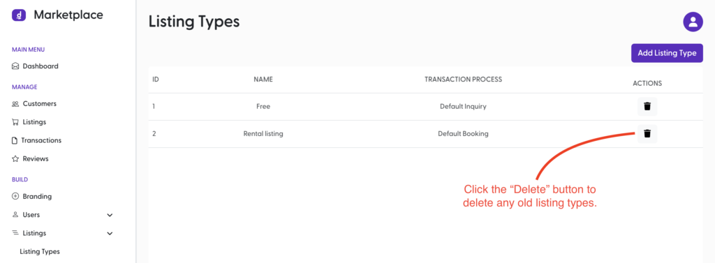 Option to delete different Listing Types.