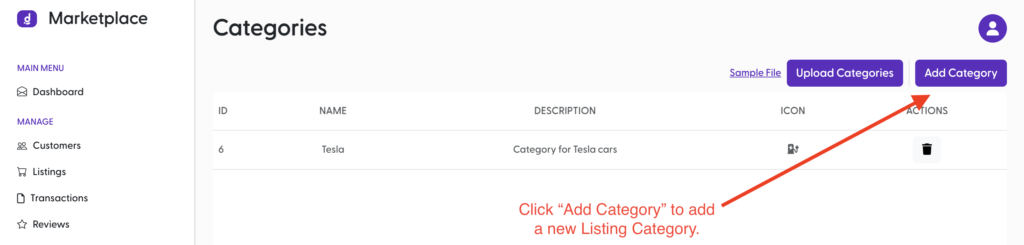 Click "Add Category" to create a new listing category.