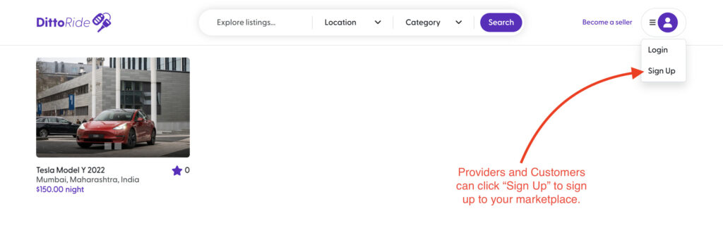 Providers and Customers can sign up to your marketplace here.