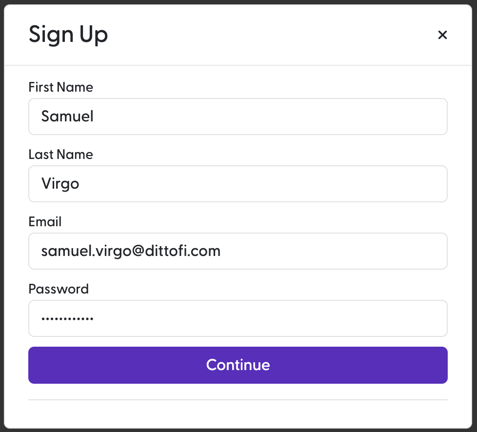 The Provider and Customer can sign up with a First Name, Last Name, Email and Password.