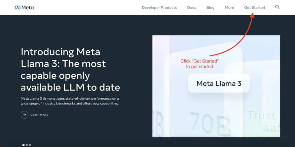 Click "Get Started" to begin the process of creating a Meta Developer account.