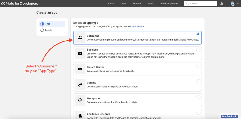 Choose the app type "Consumer" and click "Continue".