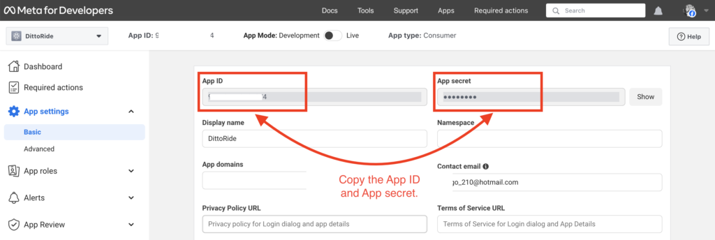 Copy the App ID and the App secret.