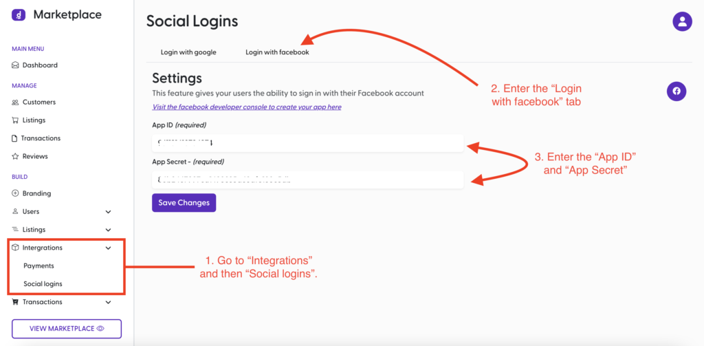 Copy your App ID and App Secret into your Marketplace Dashboard.