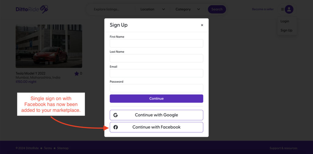 Two sided marketplace with Facebook single sign on.