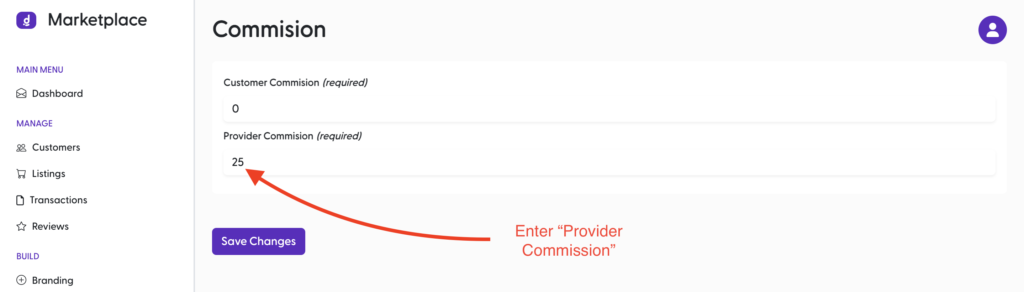 Set your two sided marketplace provider commission.