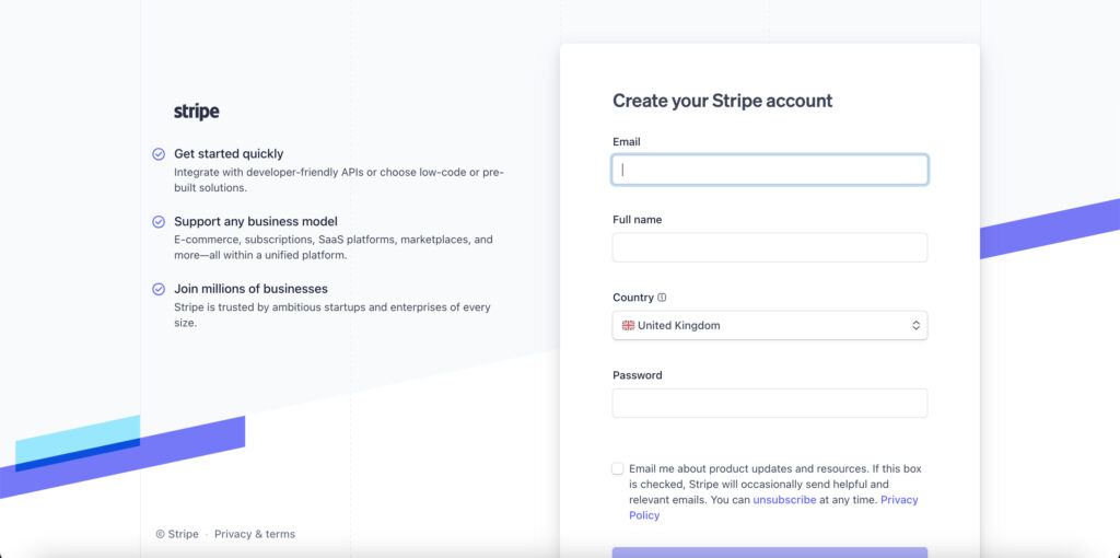 Create a new Stripe account.