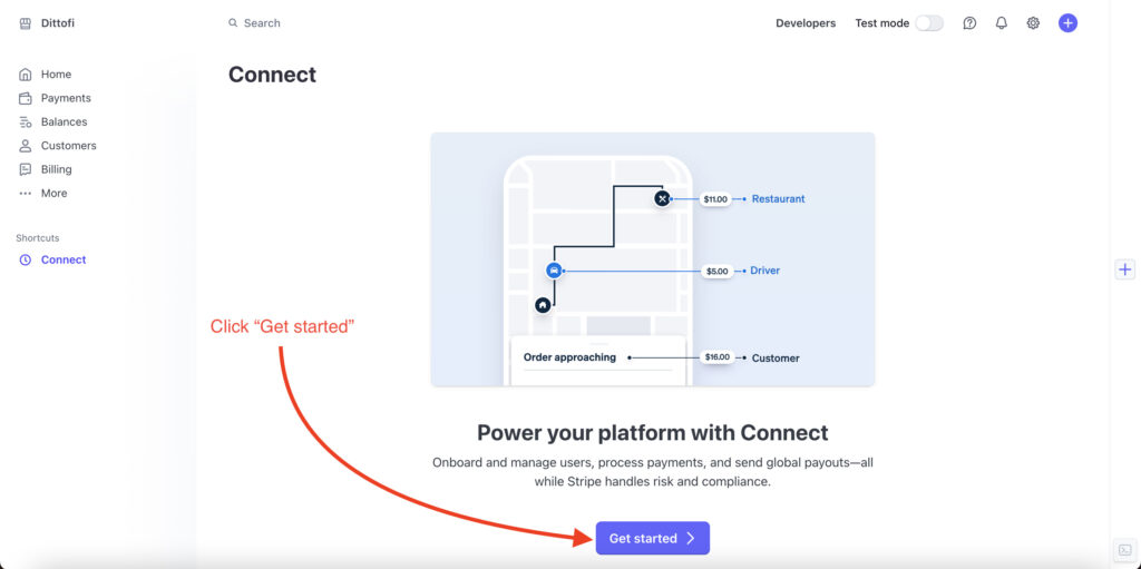 Click "Get started" to start setting up Stripe Connect.