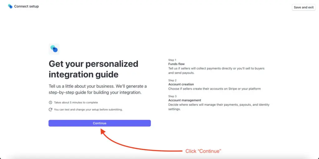 Click "Continue" to setup Stripe Connect.