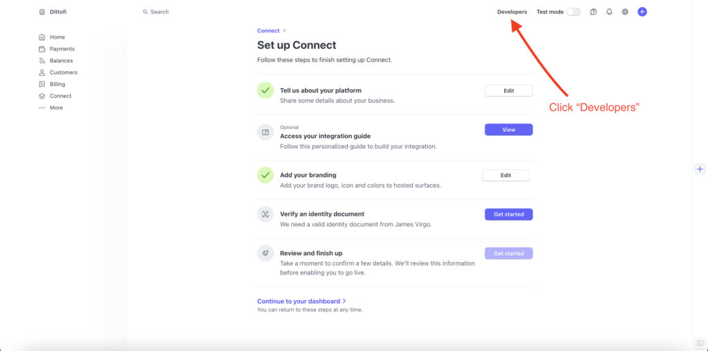 Click on "Developer" to go to Stripe's "Developer dashboard".