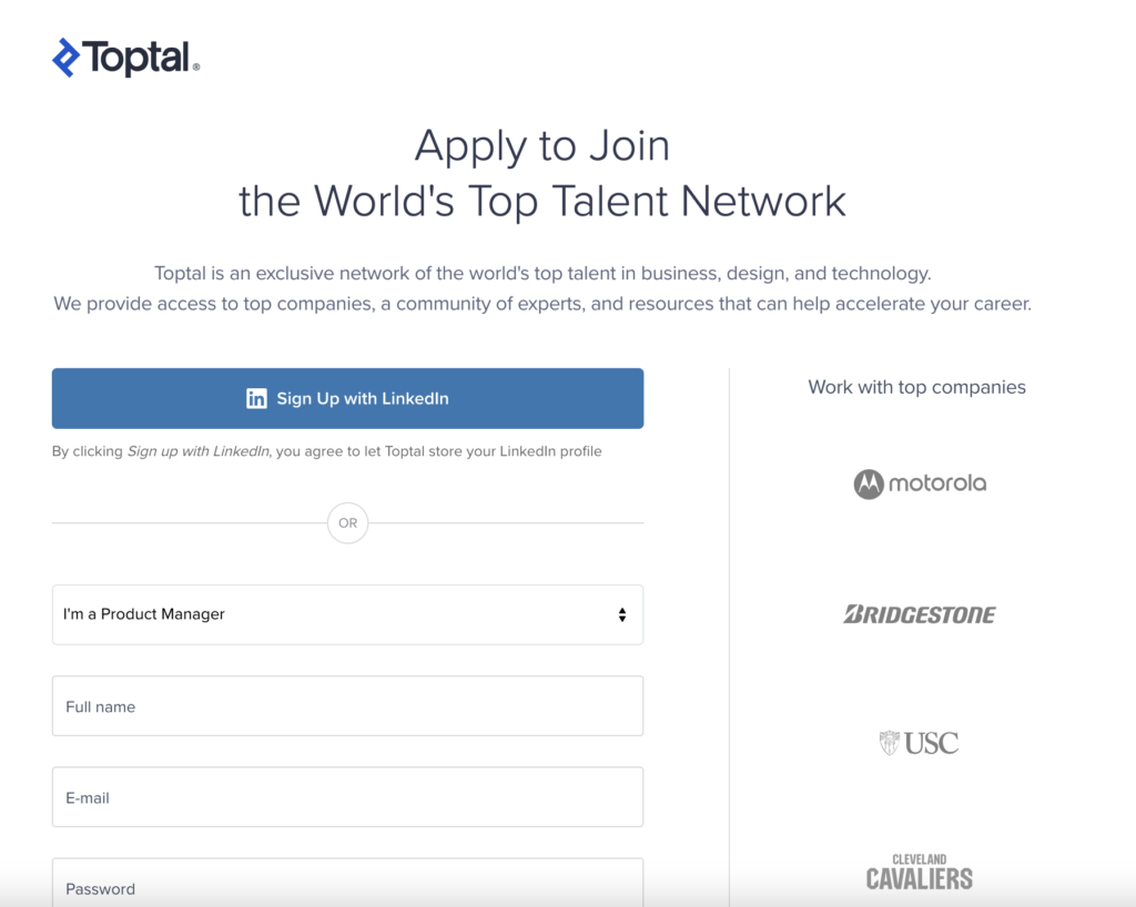 Example of the Toptal marketplace lead capture forms